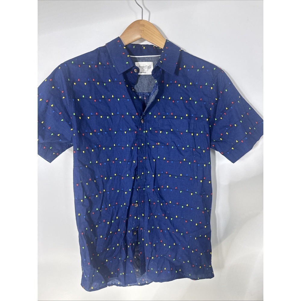 Sovereign Code Mens Christmas Light Bulb Print Shirt Navy Blue Small W1964-B